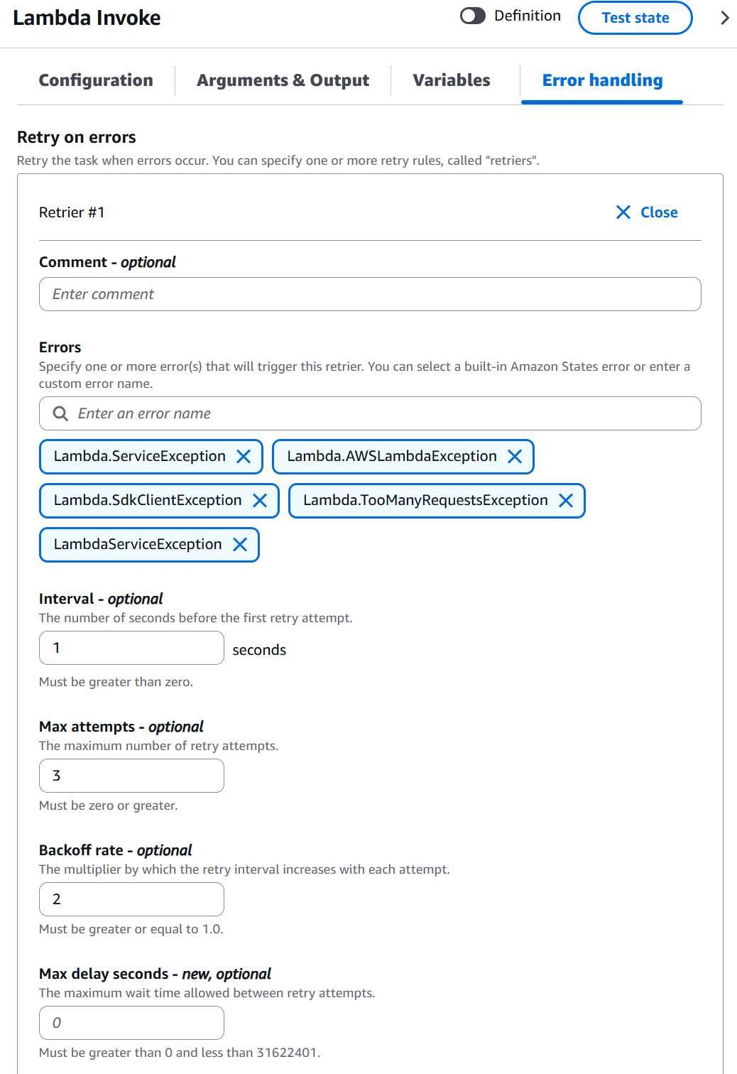 Configuring retry configuration for a AWS Step Function Task state in AWS Console.