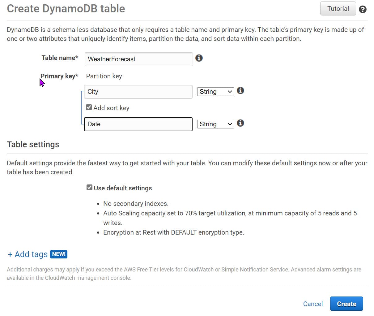 Create table in AWS DynamoDB from the Console