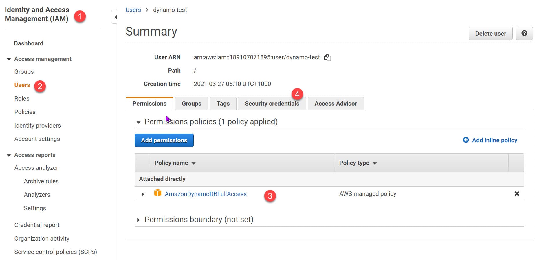 Add User in IAM to access DynamoDB