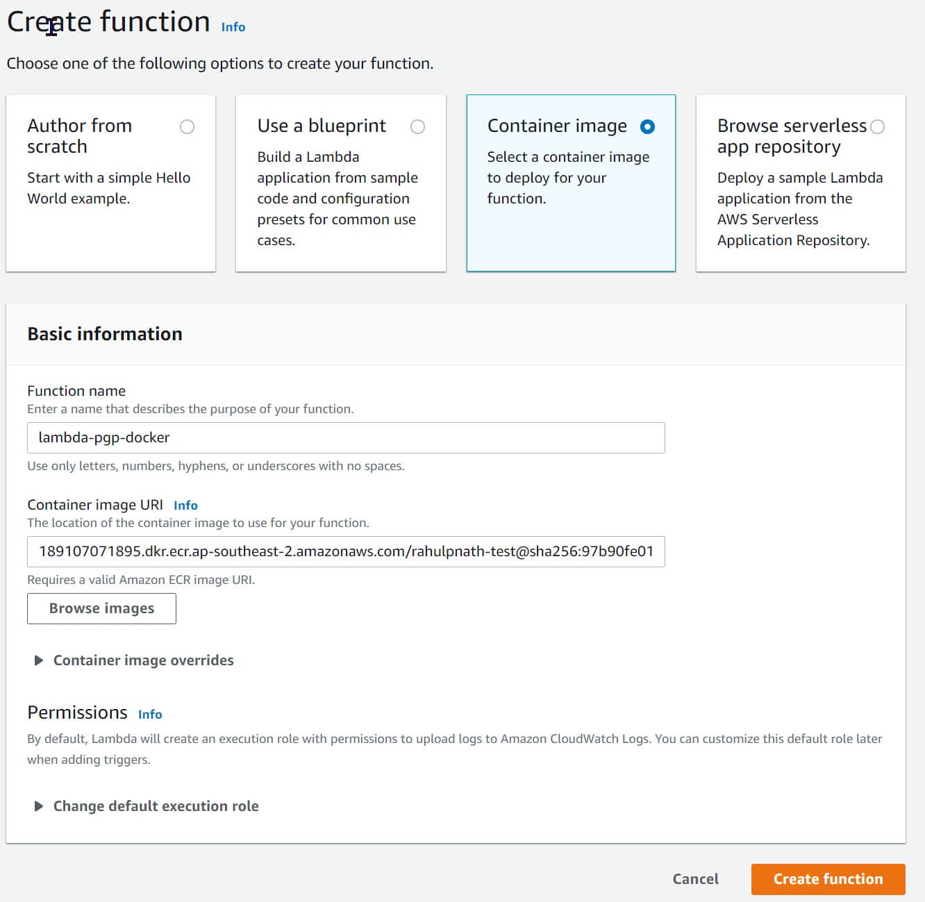 Create new AWS Lambda function using Container Image