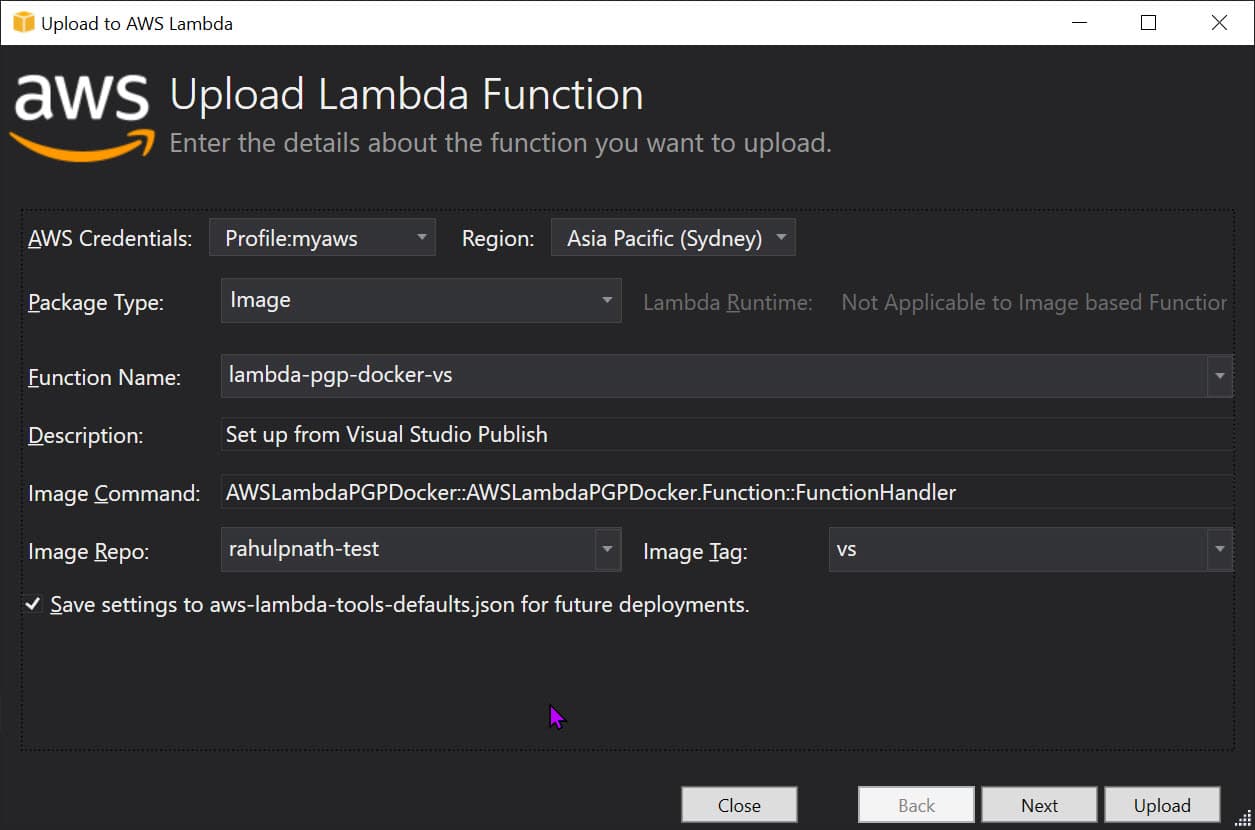 Publish AWS Lambda Docker container image from Visual Studio AWS Toolkit