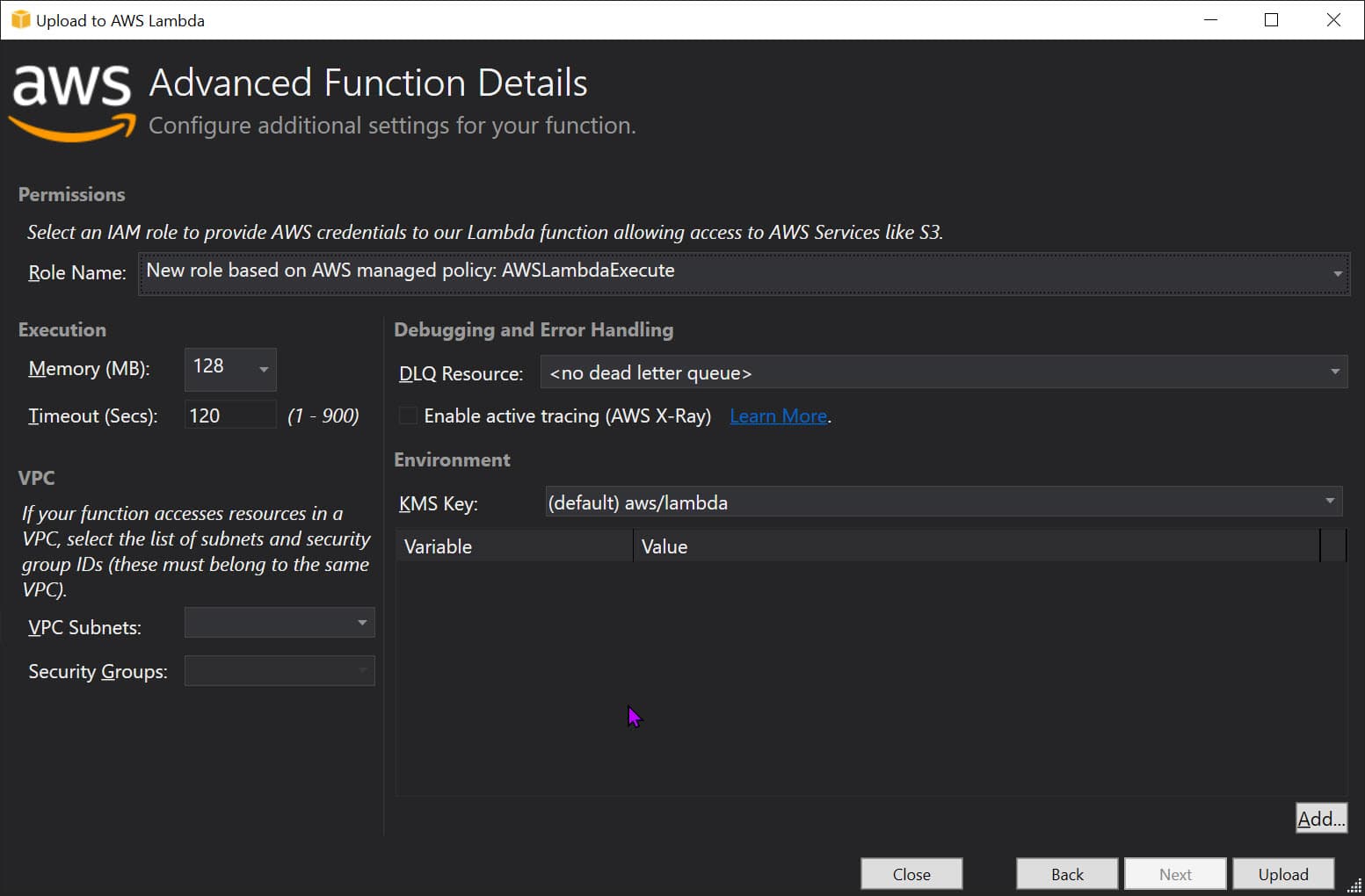 Publish AWS Lambda Docker container image advanced settings from Visual Studio AWS Toolkit