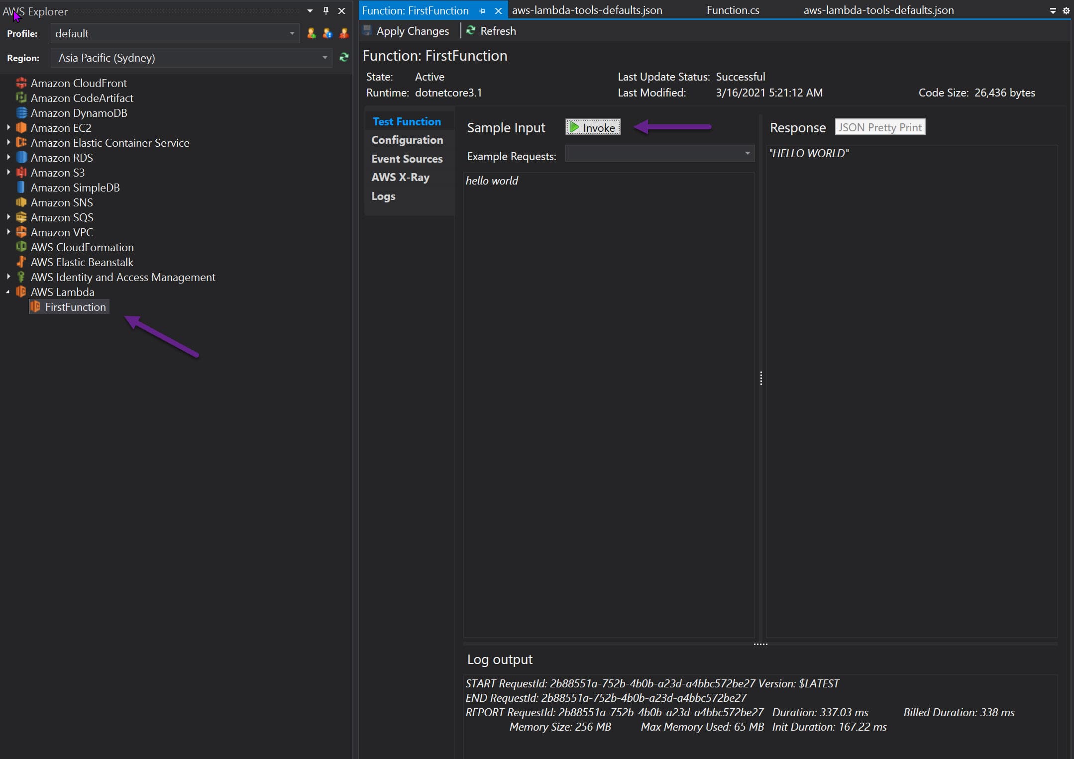 AWS Explorer in Visual Studio to view deployed Lambda function
