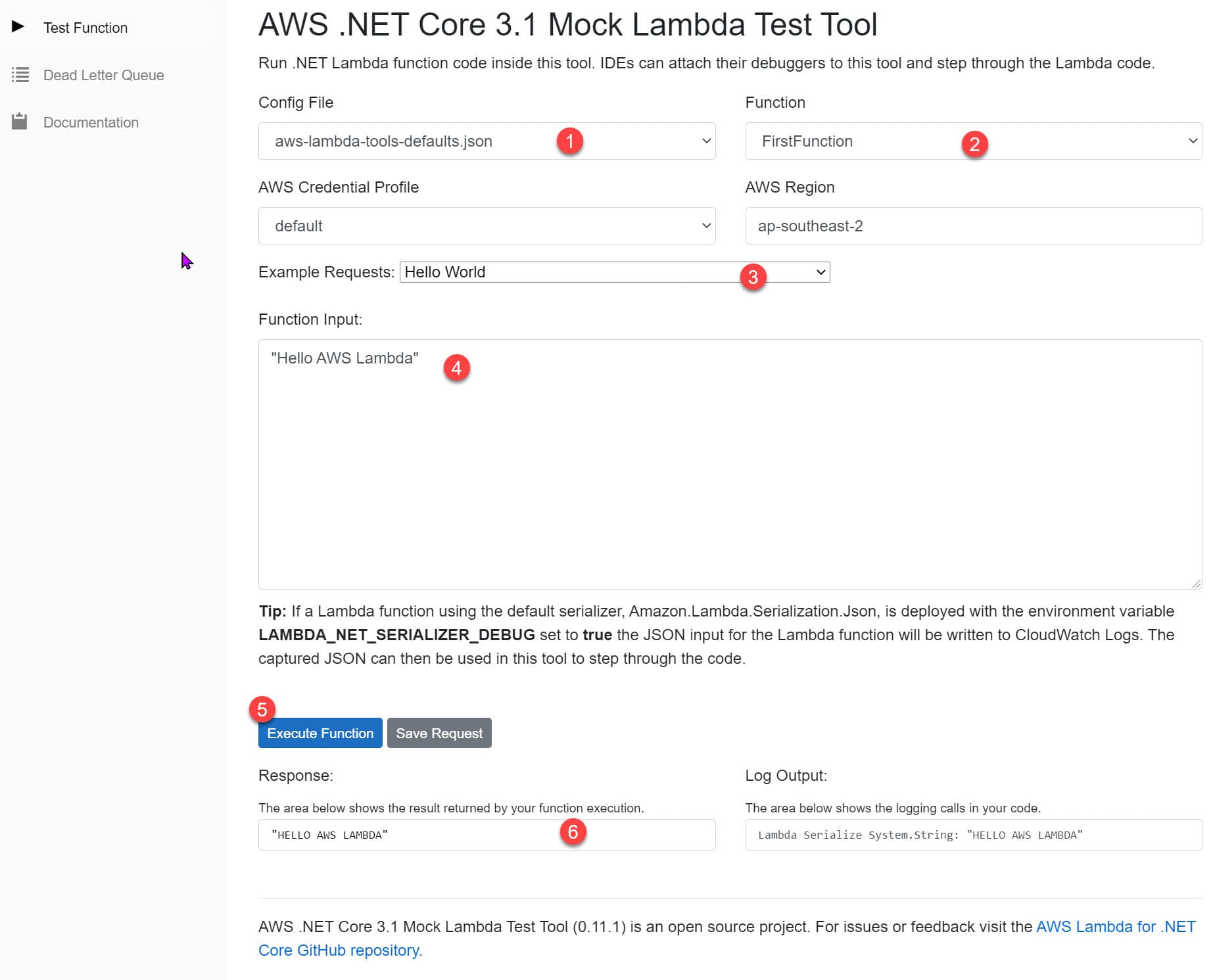 Mock Lambda Tool showing the Function