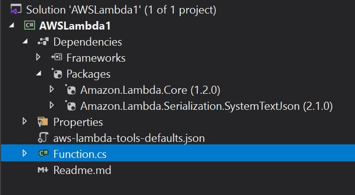 AWS Lambda Empty template project files in Solution Explorer