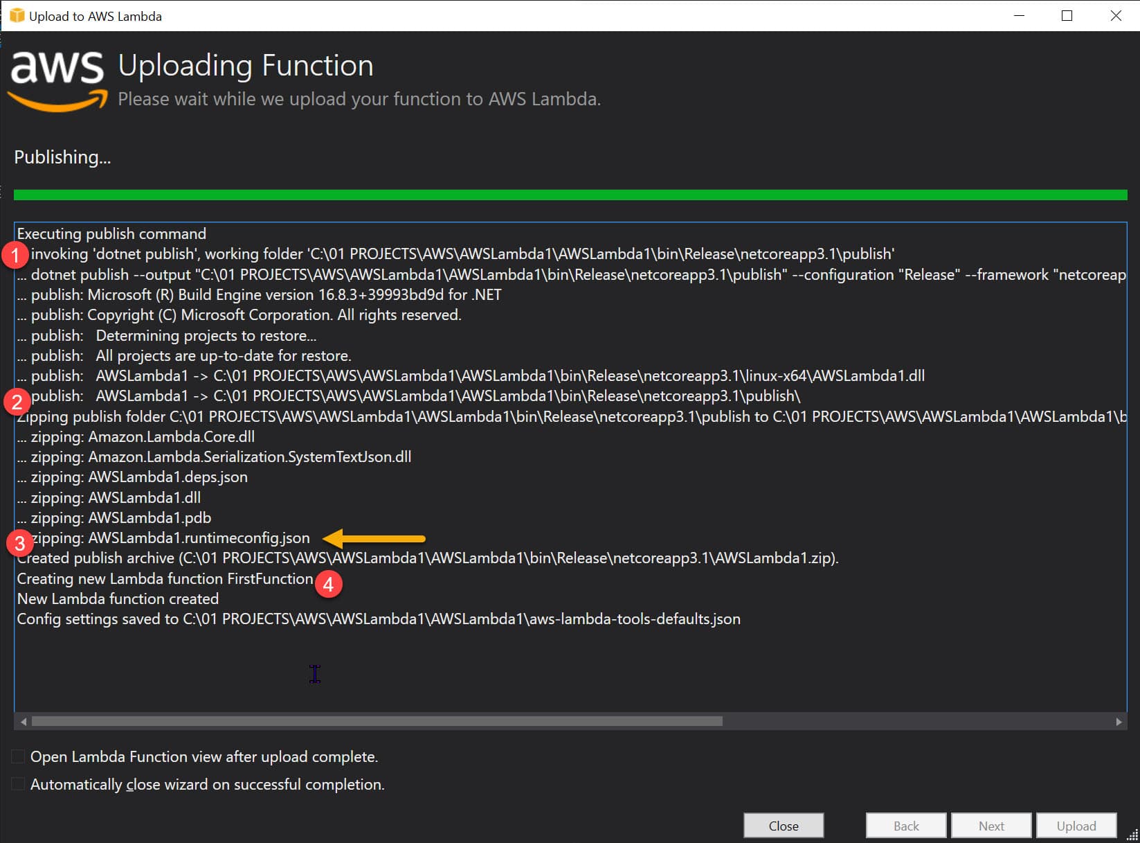 AWS Lambda Uploading Log in Visual Studio