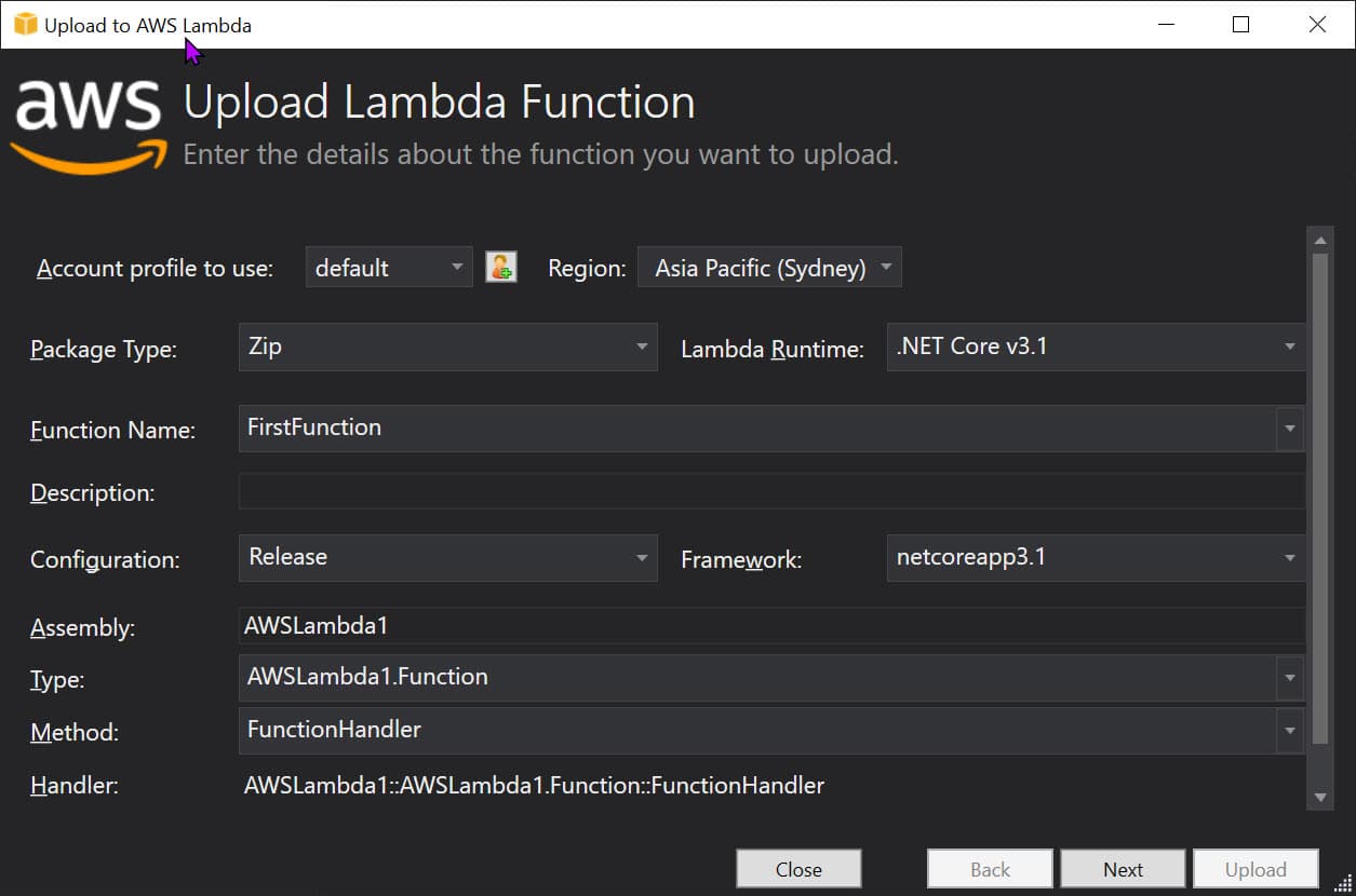 Upload Lambda Function dialog in Visual Studio.