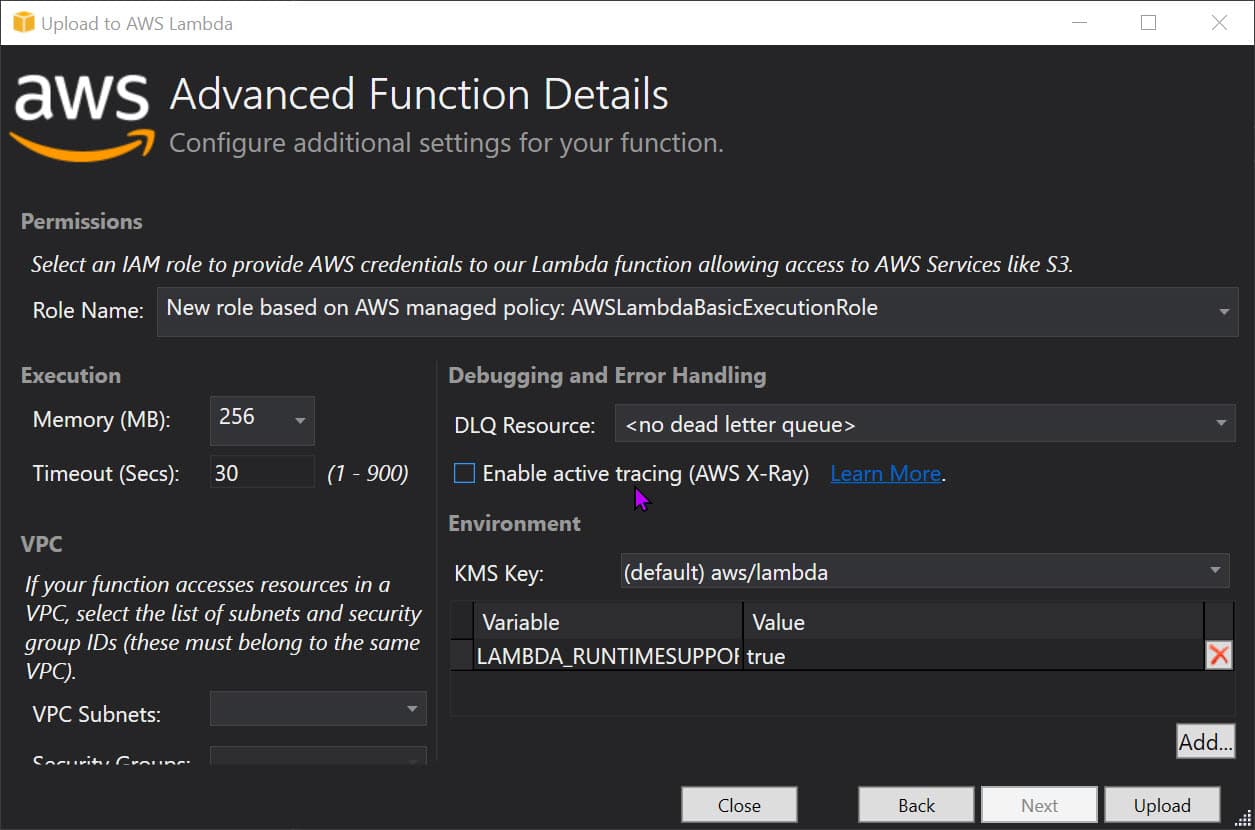Upload Lambda Function Advanced Function Details in Visual Studio.