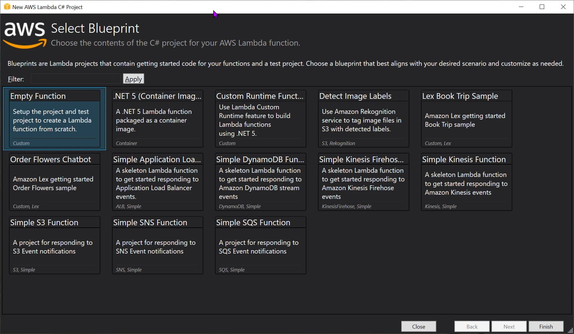 AWS Lambda Select Blueprint dialog Visual Studio