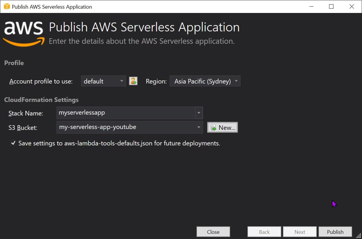 Publish AWS Serverless Application in Visual Studio