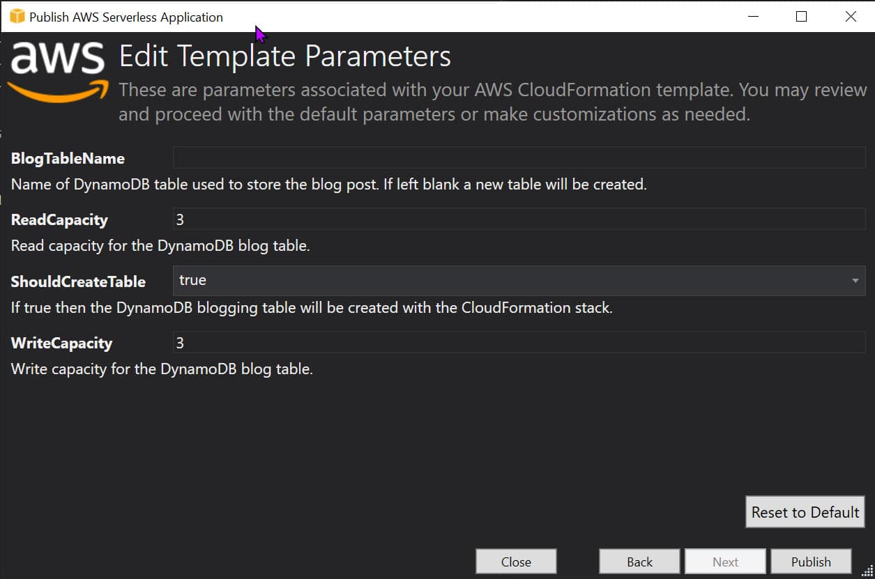 AWS Serverless Publish Template Parameters dialog