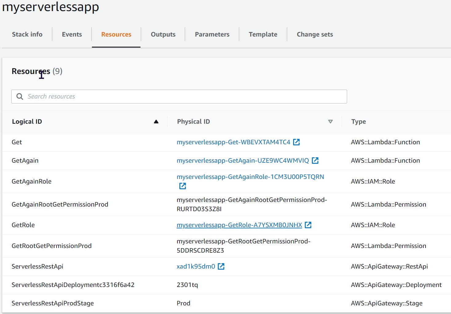 AWS Console Resources under Stack