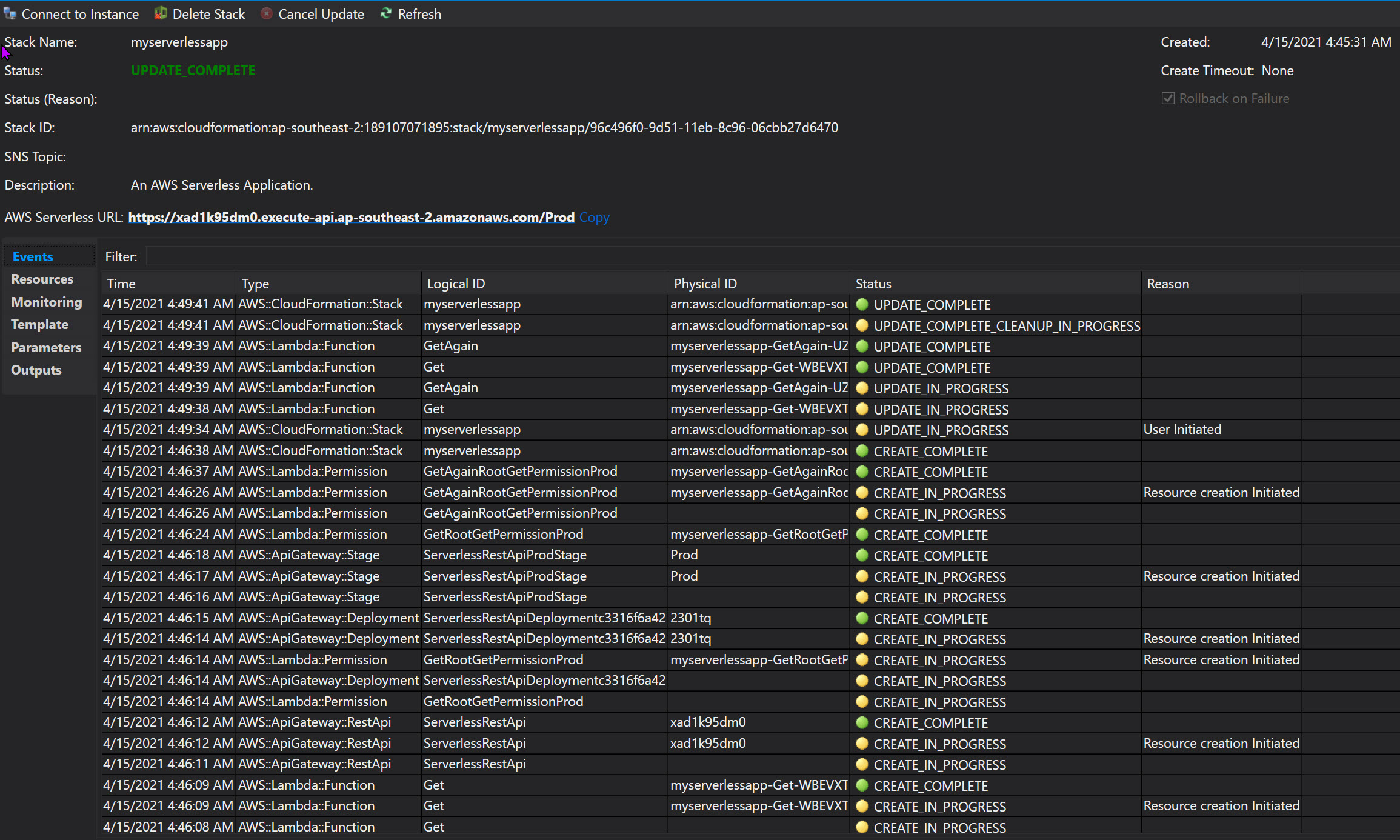 Published stack details of AWS Serverless application in Visual Studio