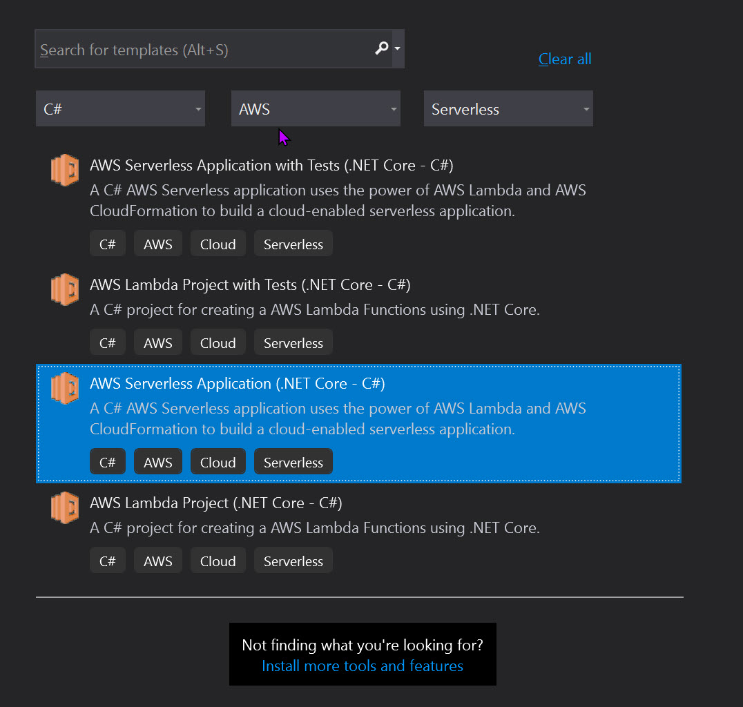 AWS Serverless templates in Visual Studio create project