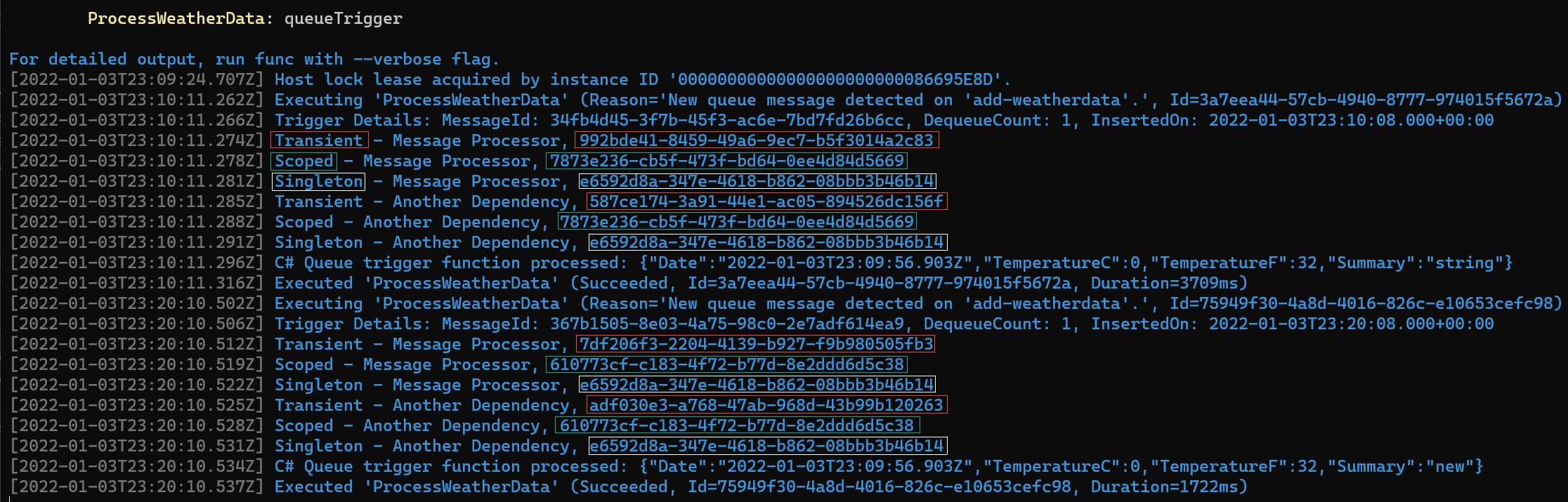 Transient, Scoped and Singleton logs  highlighted