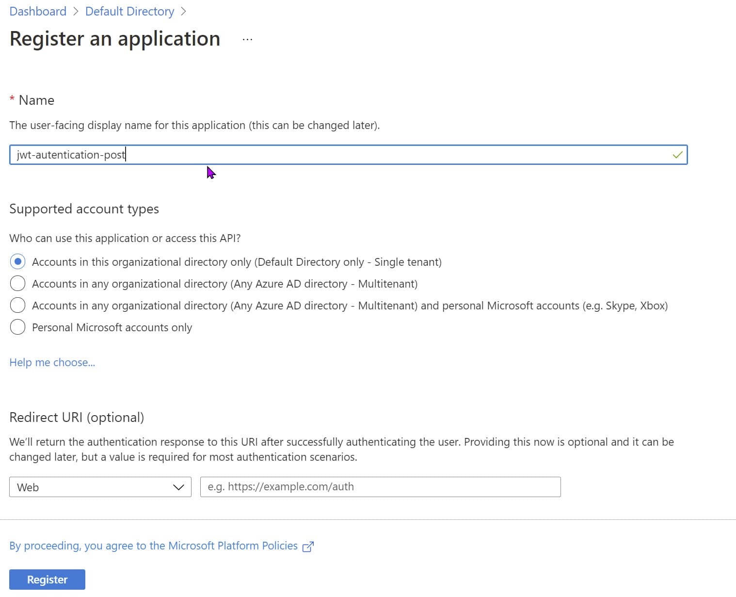 Azure AD Create a new App Registration