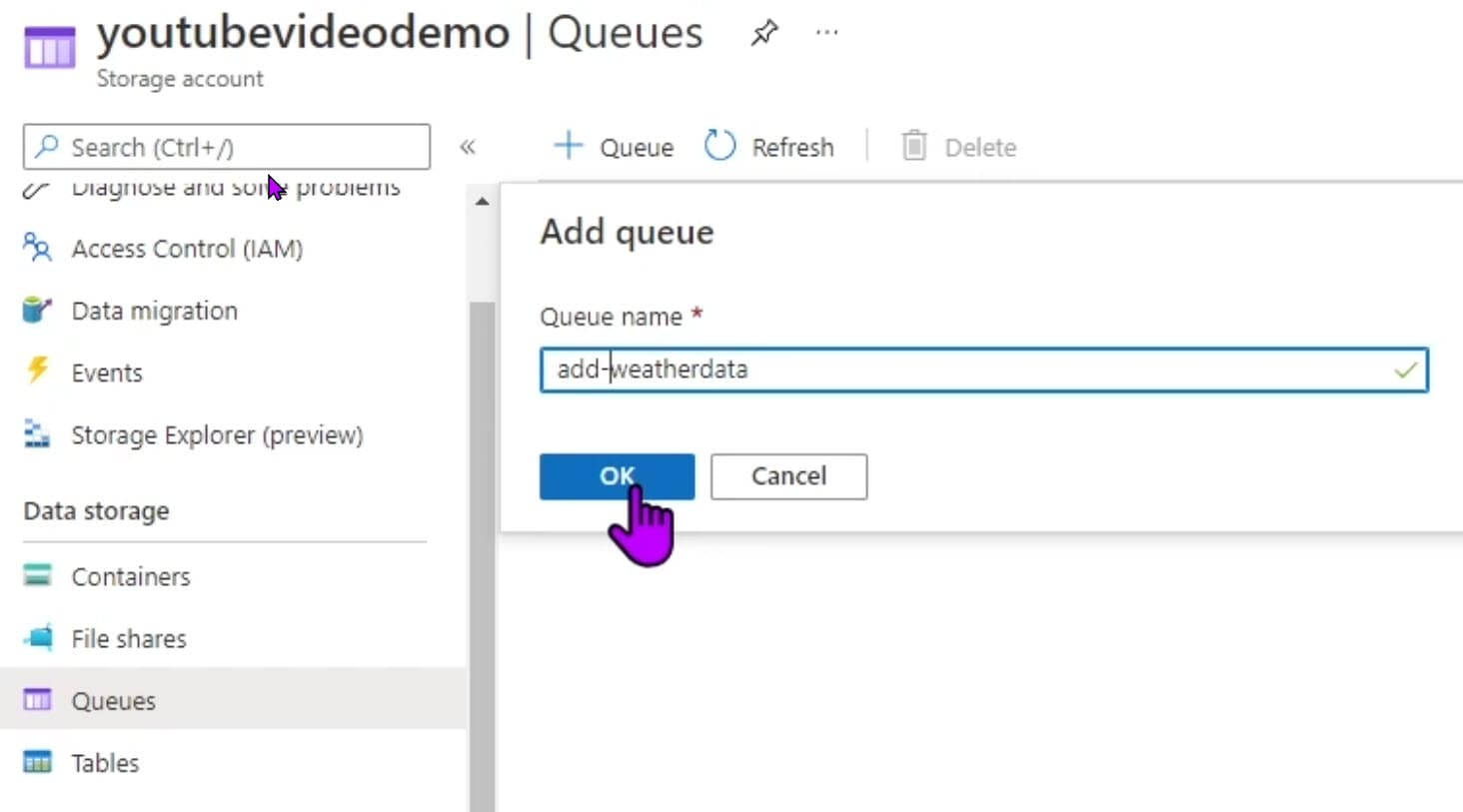 Create a Queue under Storage Account from Azure Portal