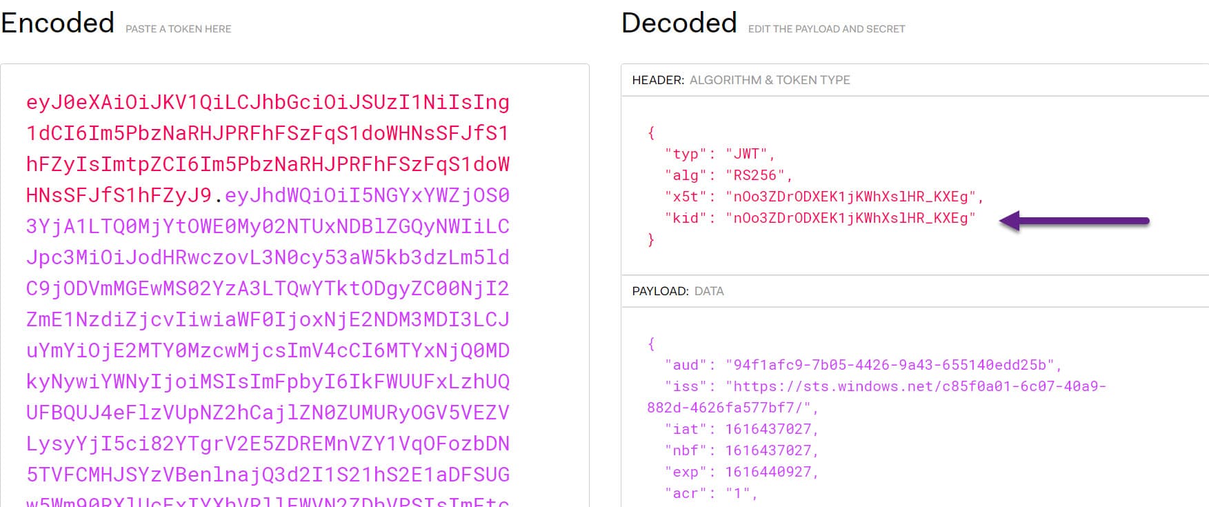 Bearer Token inspected in jwt.io with the kid property highlighted, that is used to match up with the key from jwks_uri.
