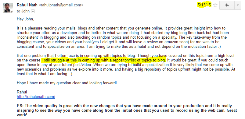 email to John Somnez (SimpleProgrammer) on finding a blogging schedule