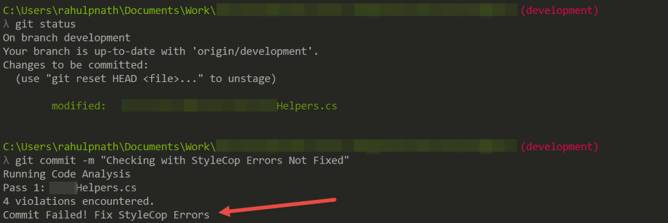 StyleCop git hook failing commit in console