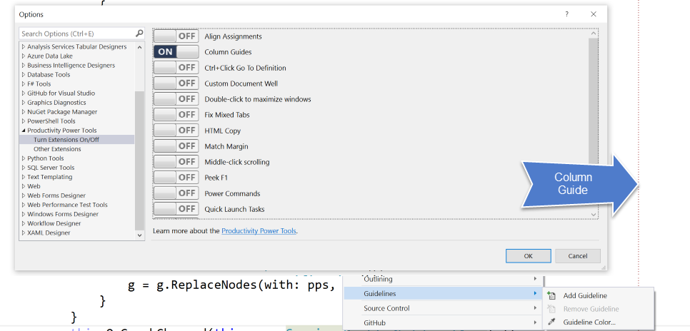 Code Formatting Maximum Width Column Guide in Visual Studio using Power Tools