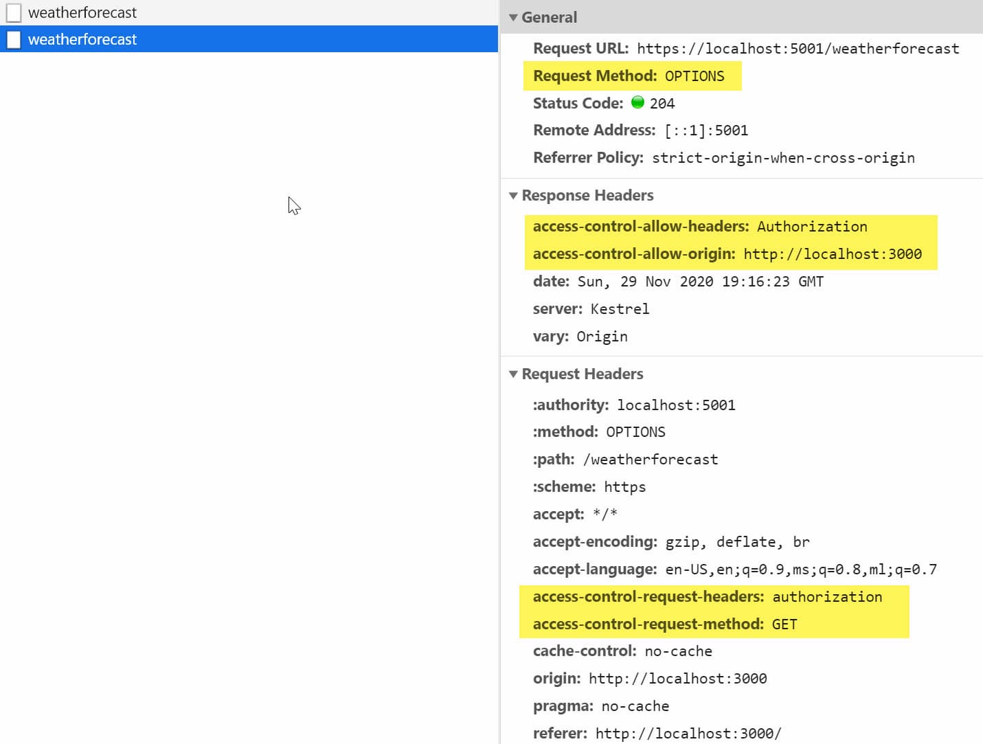 The OPTIONS Network call with the access-control-* headers.