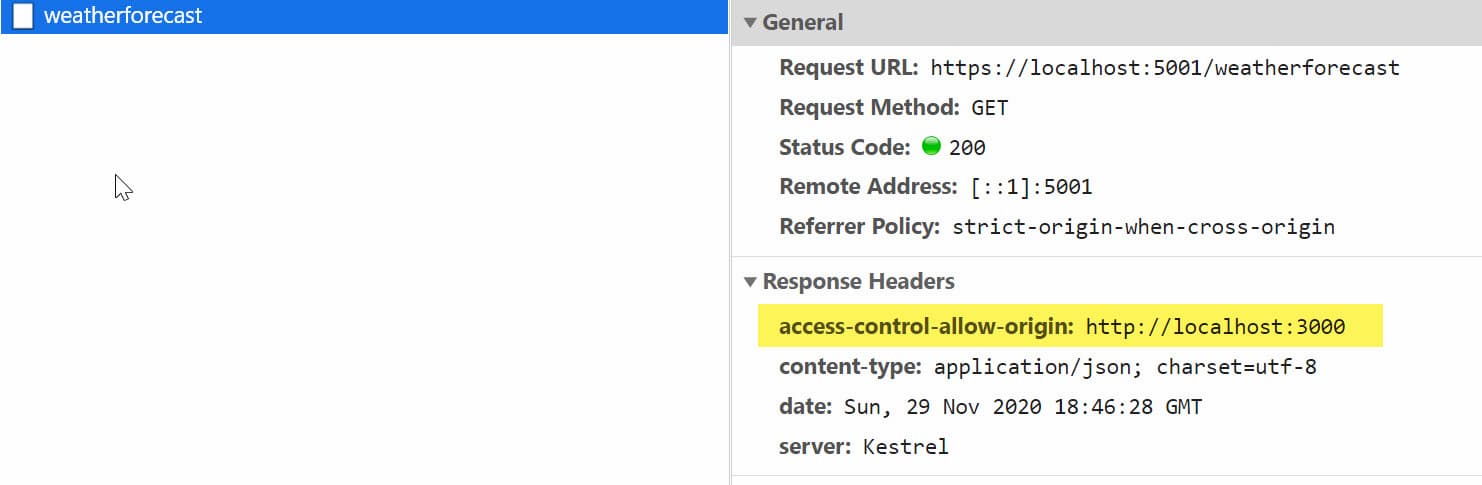 HTTP Request header has the Response Headers 'access-control-allow-origin: http://localhost:3000