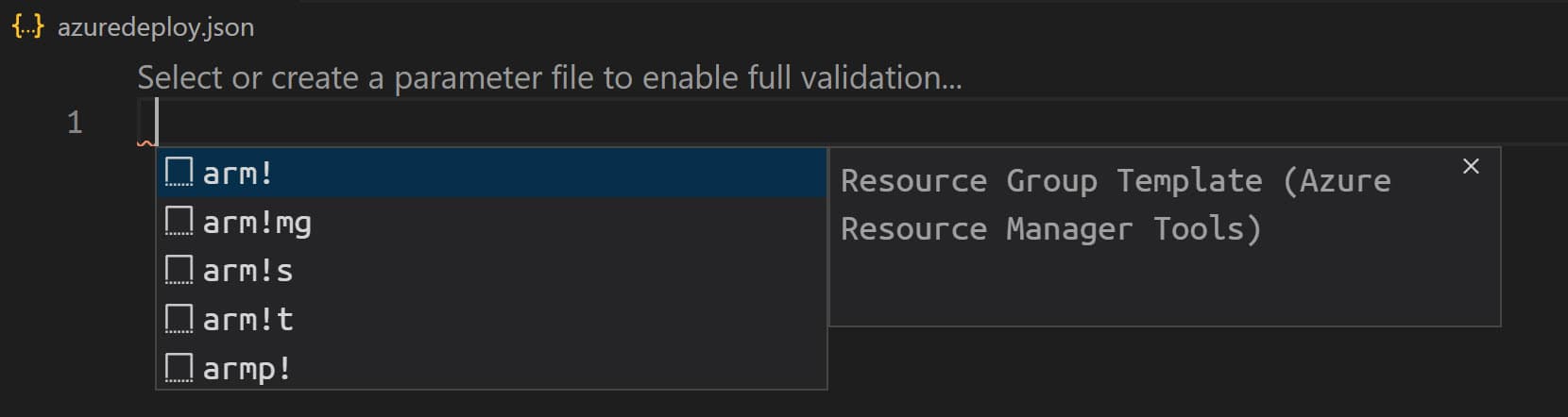 'ARM Template scaffolding snippets in VS Code'