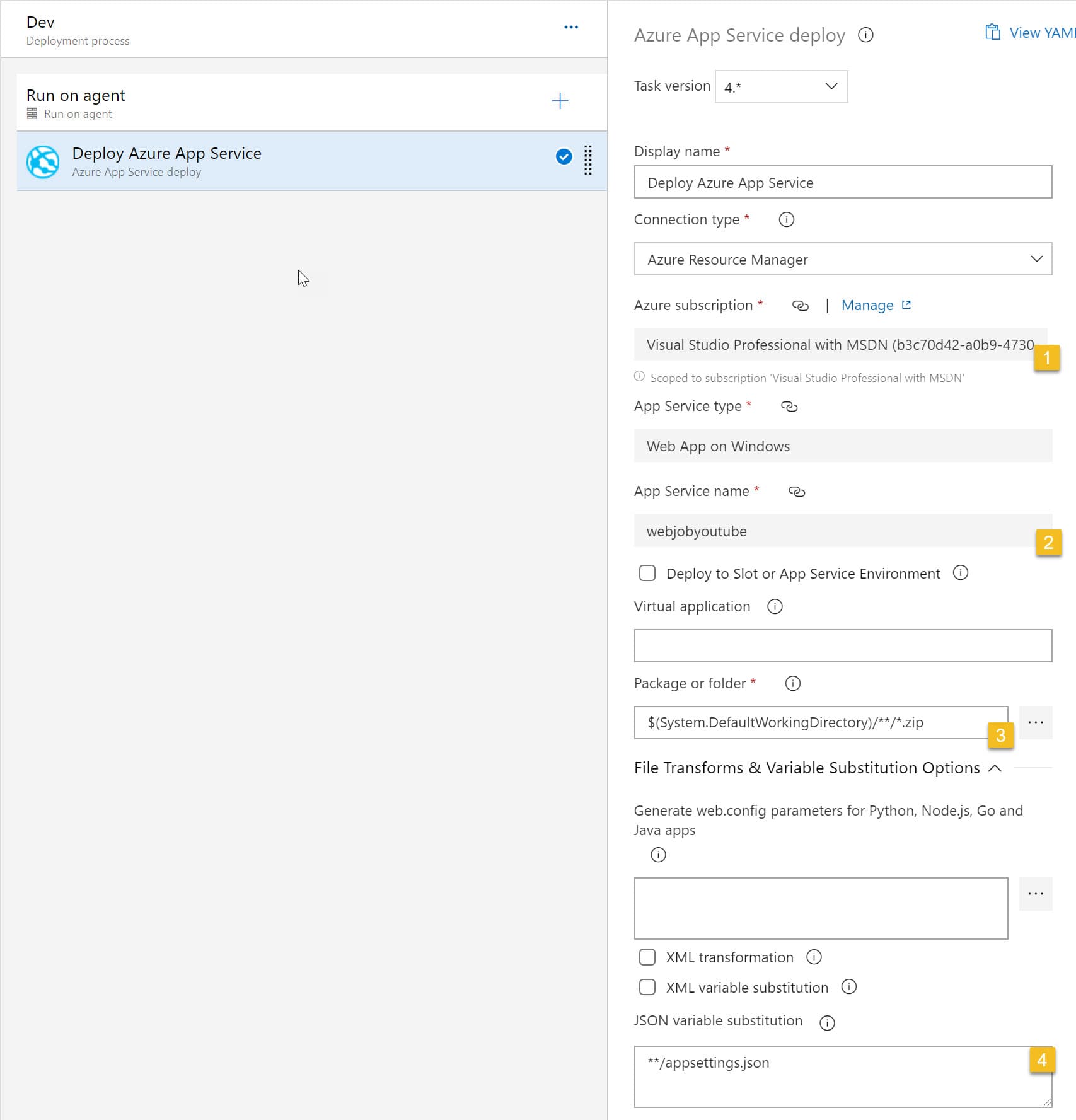 Azure DevOps Release Dev Stage Tasks - 'Deploy Azure App Service' Task to deploy WebJob to Azure WebApp