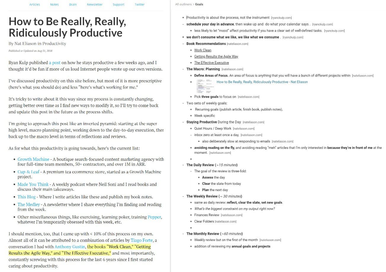 Diigo Outliner feature - Outliner while I was reading about setting 'Goals'