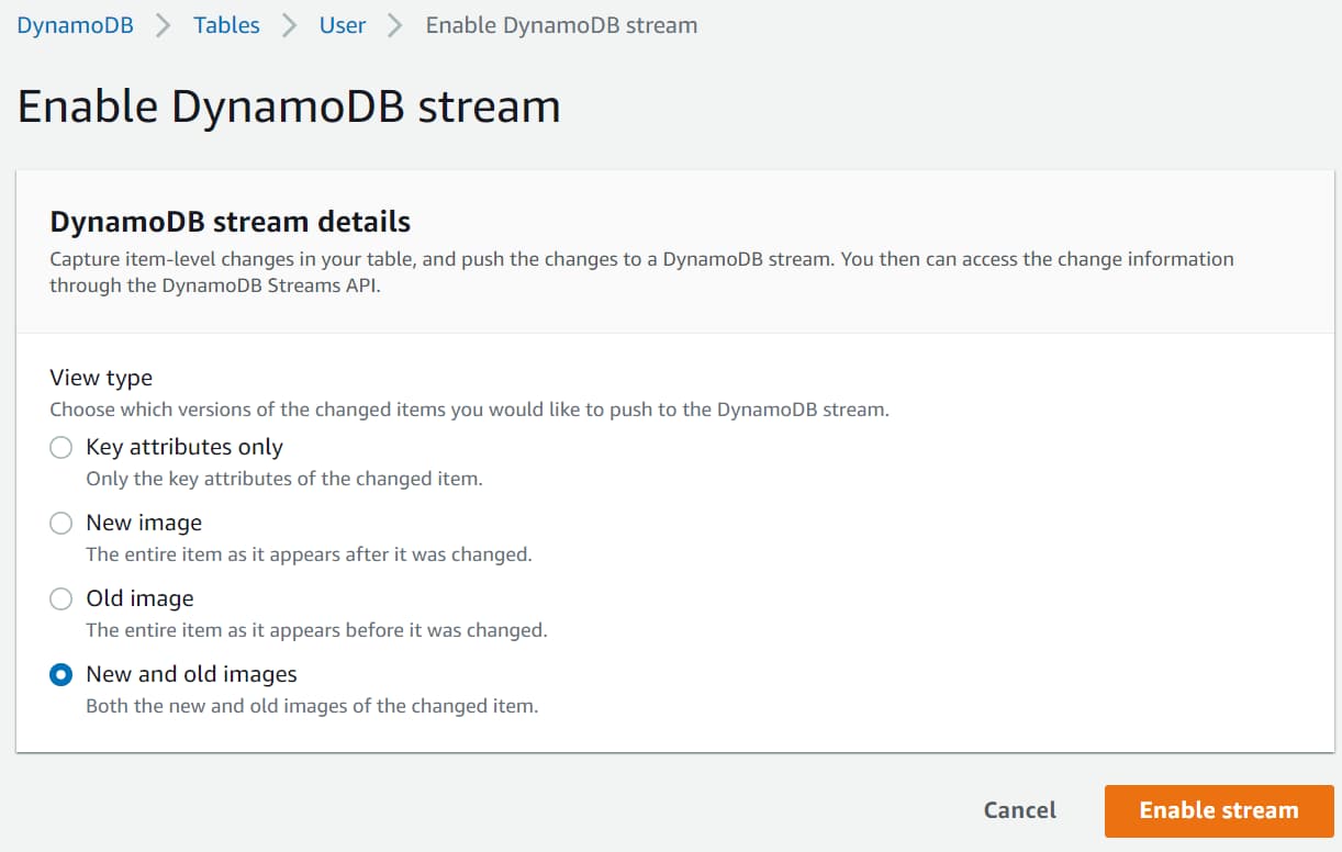 Select View Type when enabling DynamoDB Stream. This decides the data that is available as part of the stream events raised on changed to items in DynamoDB Table. 