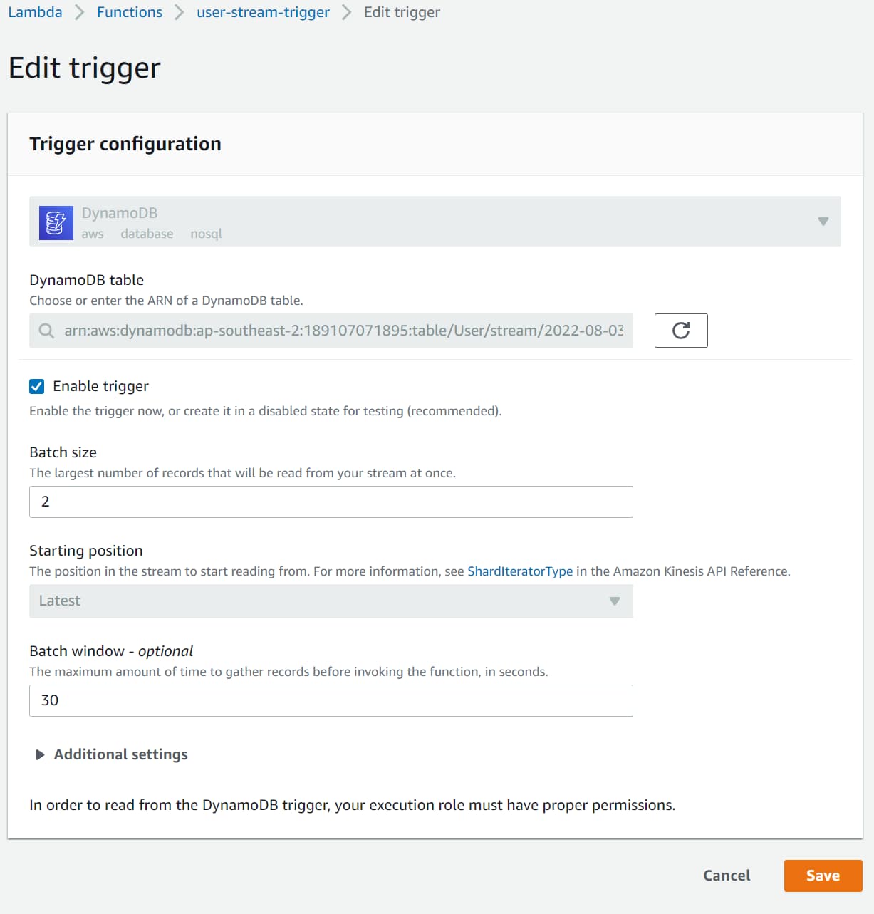 Setting up Lambda Trigger configuration for the DynamoDB Trigger, batch size and batch window, on the .NET Function.