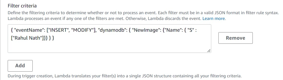 JSON Filtering Rule on the DynamoDB Lambda Trigger helps control what records are passed on to the .NET function.