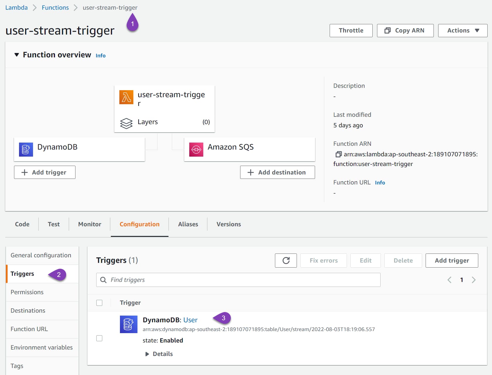 DynamoDB Trigger created under the .NET Lambda function can be seen from the Lambda function in the AWS Console.