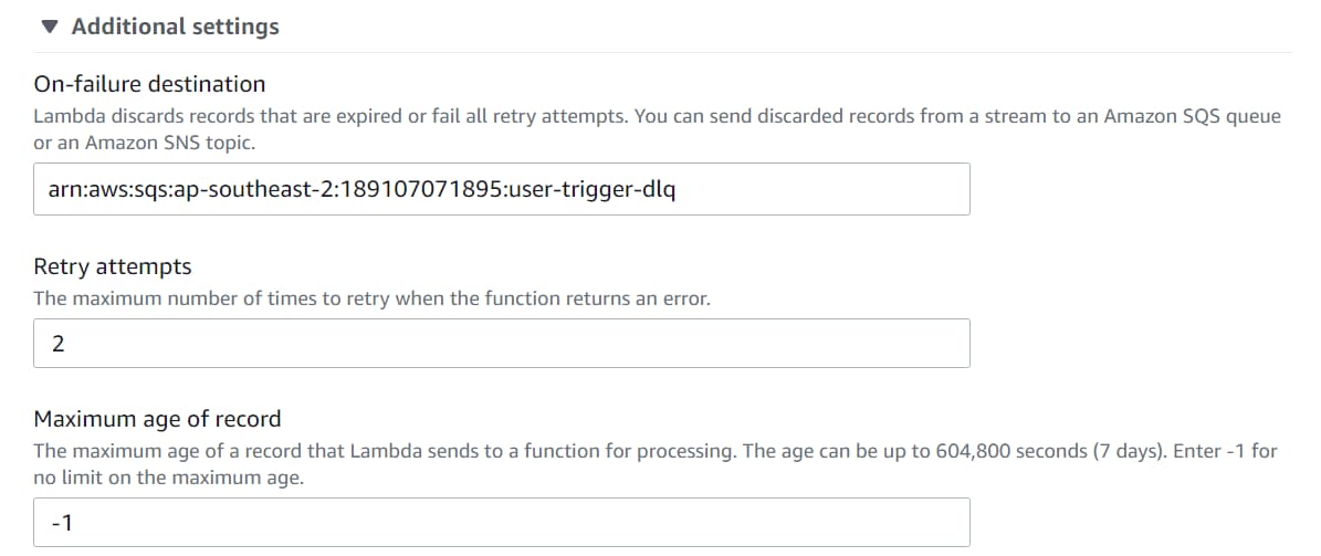 Additional setting on Lambda DynamoDB Trigger to control what happens to records that fail to process. It allows to set an SQS or SNS to move the error messages to and also set the max retry count and age of the record to keep.