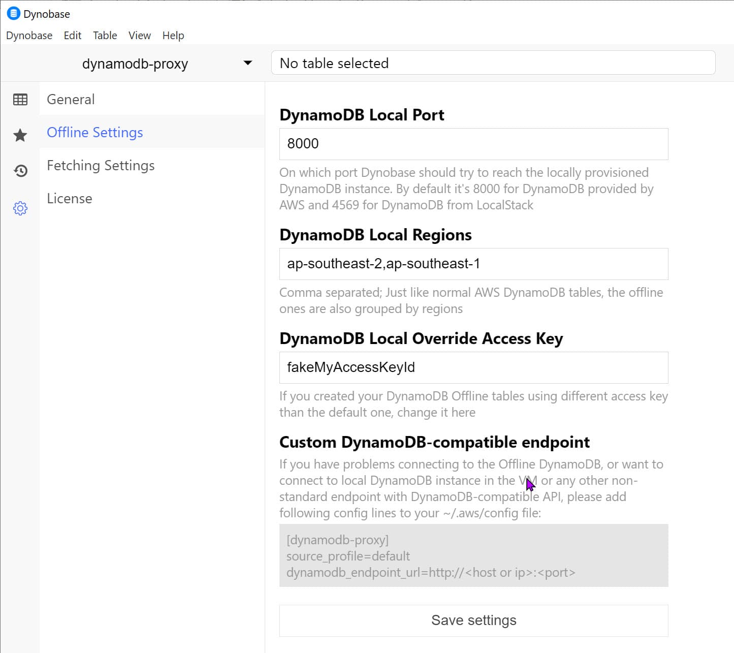 Dynobase Offline Settings to configure DynamoDb Local configuration