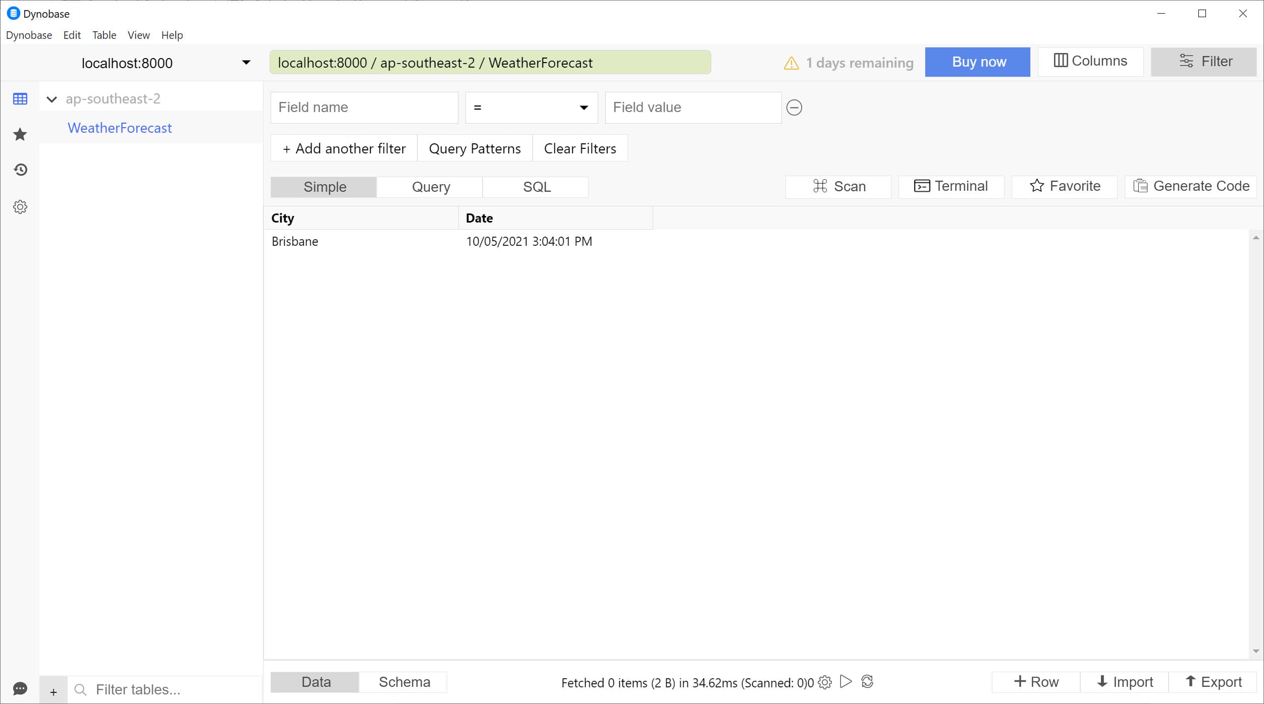 Dynobase connected to local DynamoDB listing the data in the table