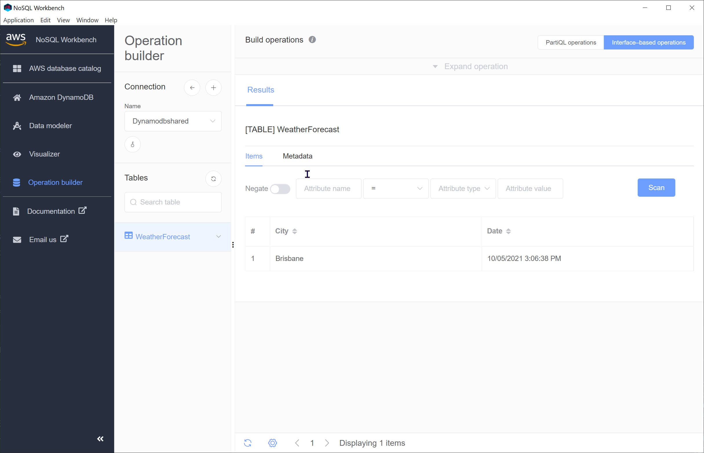 NoSQL Workbench showing Operation builder and one table in DynamoDB under the shared mode.