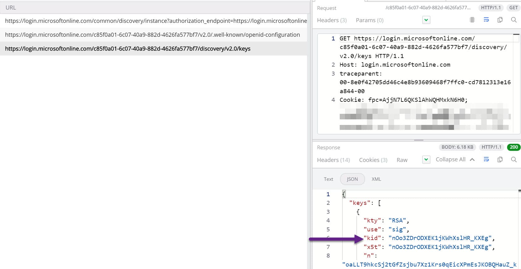 Fiddler capture of the requests made by the API Server to Azure AD, with the call to jwks_uri highlighted and showing the kid property.