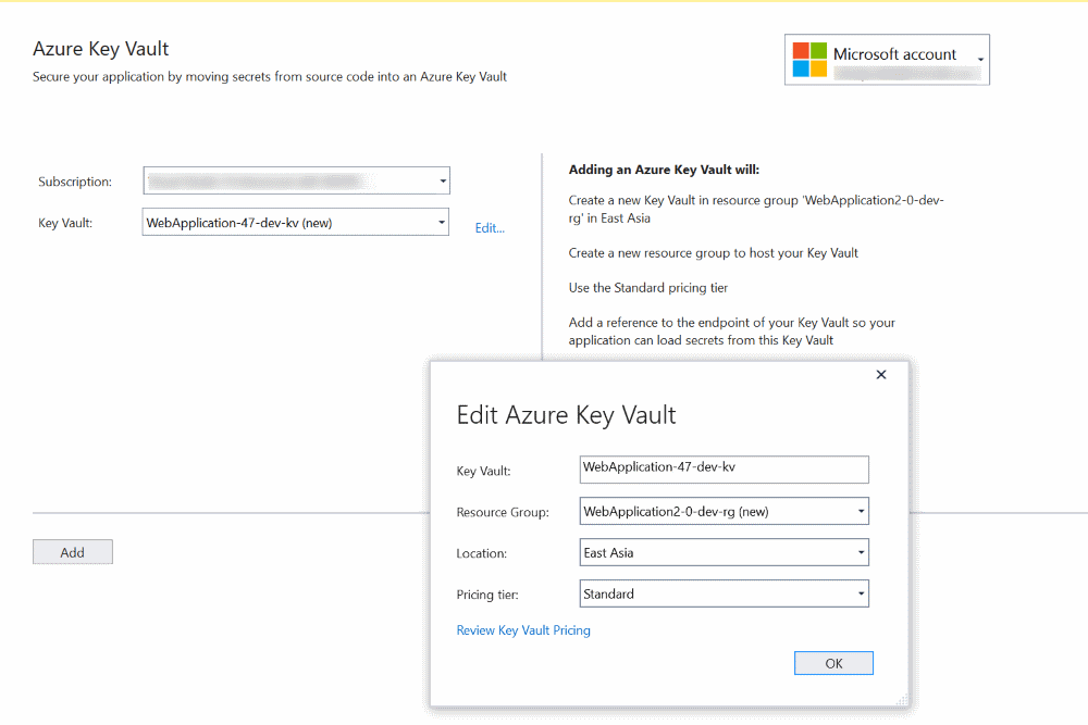 Visual Studio, Azure Key Vault Connected Services