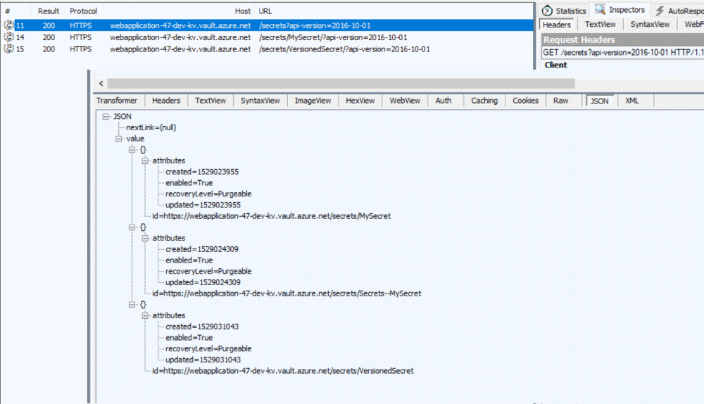 AzureKeyVaultConfigBuilder Fiddler Traces 