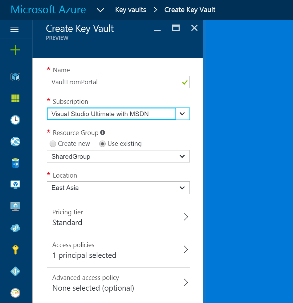 Create Key Vault in Azure Portal