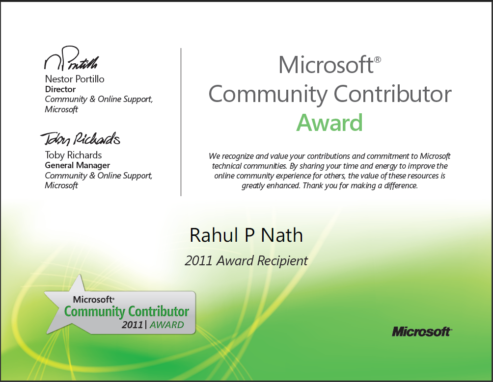 Microsoft Community Contributor Award Certificate for Rahul P Nath