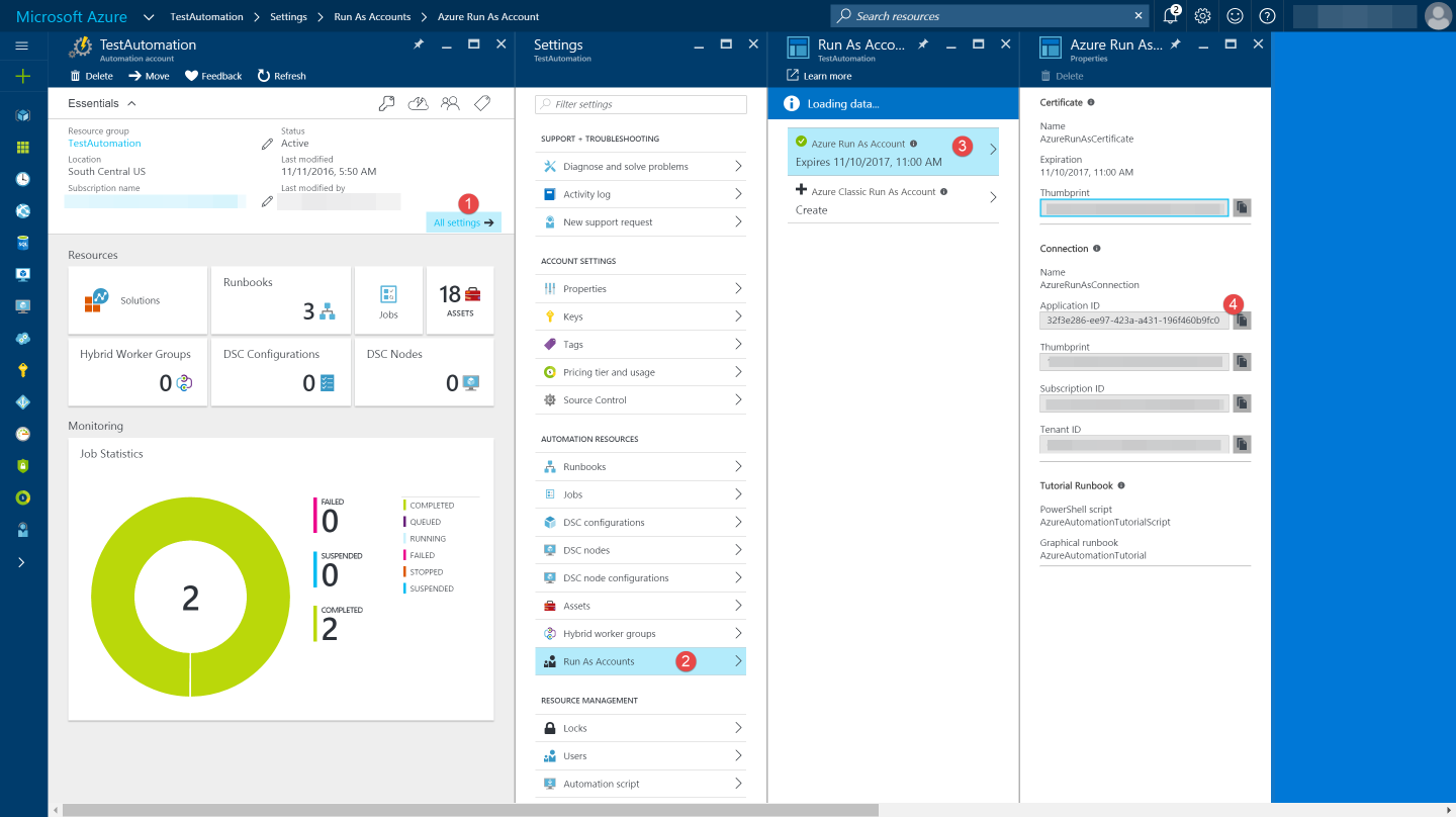 Azure Automation Runbook, set run as account