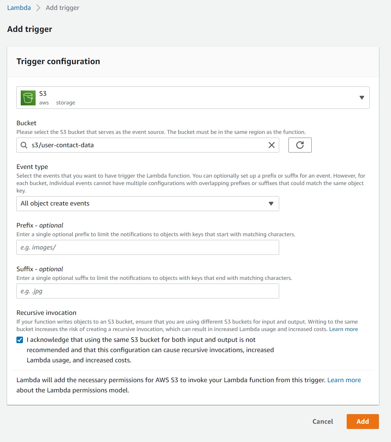 Select S3 and Lambda Trigger source and select the S3 Bucket that serves as the event source. Specify the event types for which to trigger the .NET Lambda Function