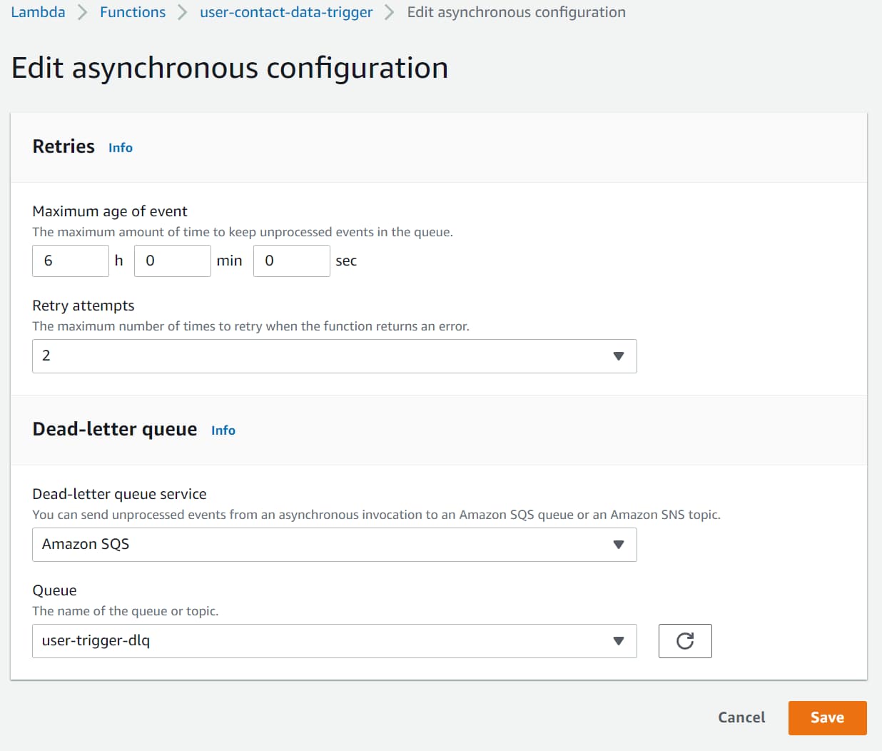 Update the Lambda Asynchronous Configuration to set up the Dead Letter Queue. Any messages that cannot be processed after the specified number of retries is moved to the DLQ