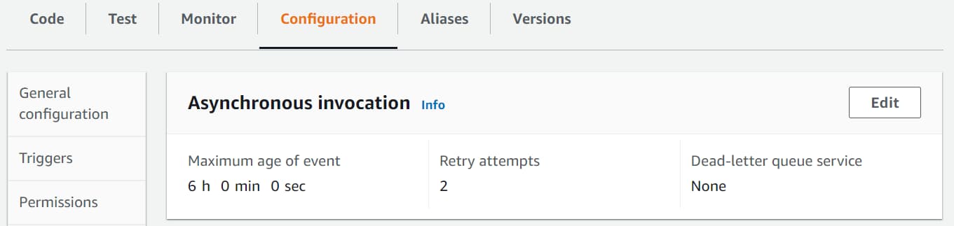 Lambda Asynchronous configuration sets the message retry limit and the maximum age event.