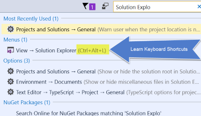 Visual Studio Quick Launch learn keyboard shortcuts