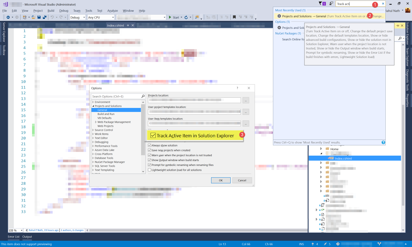 Track Active Item in Solution Explorer, Visual Studio