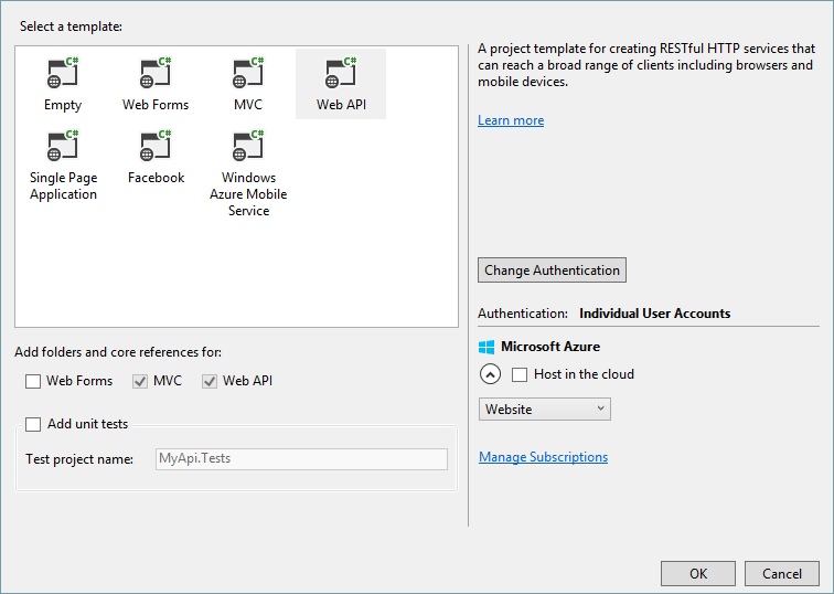 Visual Studio 2013 Web Api Template